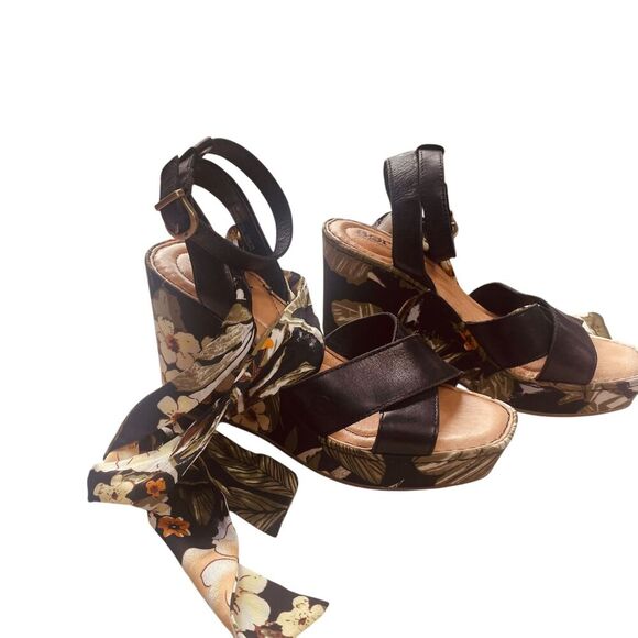 BORN Salton Wedge Sandal Black Leather Fabric Covered Heel - Picture 7 of 13